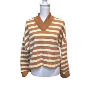 Maeve Anthropologie Cotton Boxy Oversize V-Neck‎ Top Sz S Stripe Butter Yellow